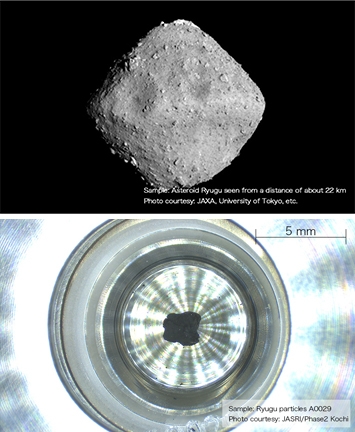 Asteroid Ryugu (top) and collected particles (bottom)